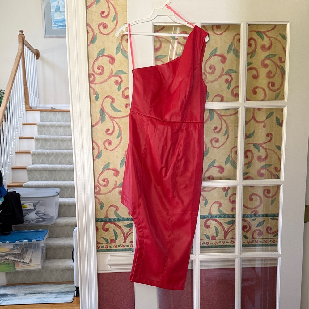 Hutch Vibrant Red faux leather One-Shoulder Dress